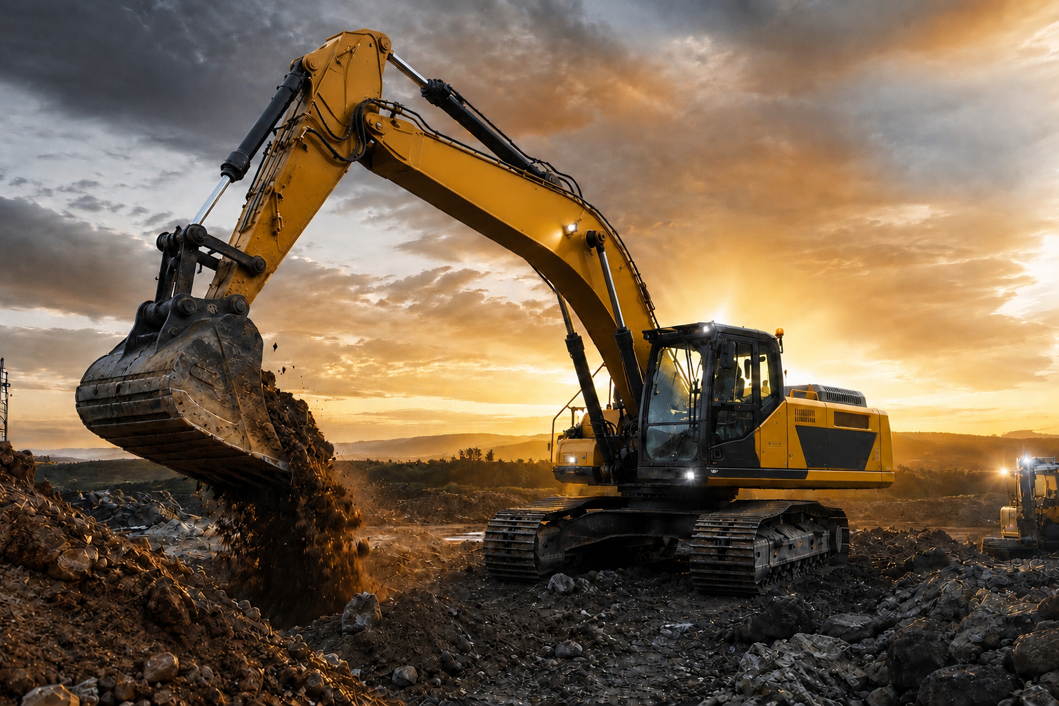Escavatore CAT al tramonto su cantiere